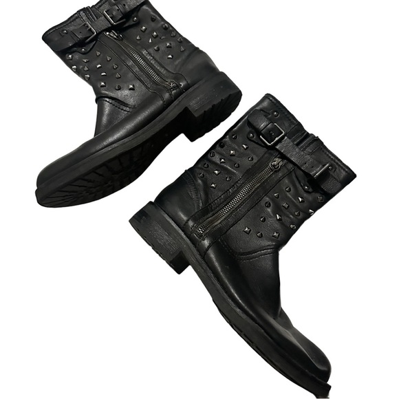 Geox Shoes - Geox Black Respira Virna Leather Plaid Lined Silver Spikes Moto Boots Sz 6 / 37